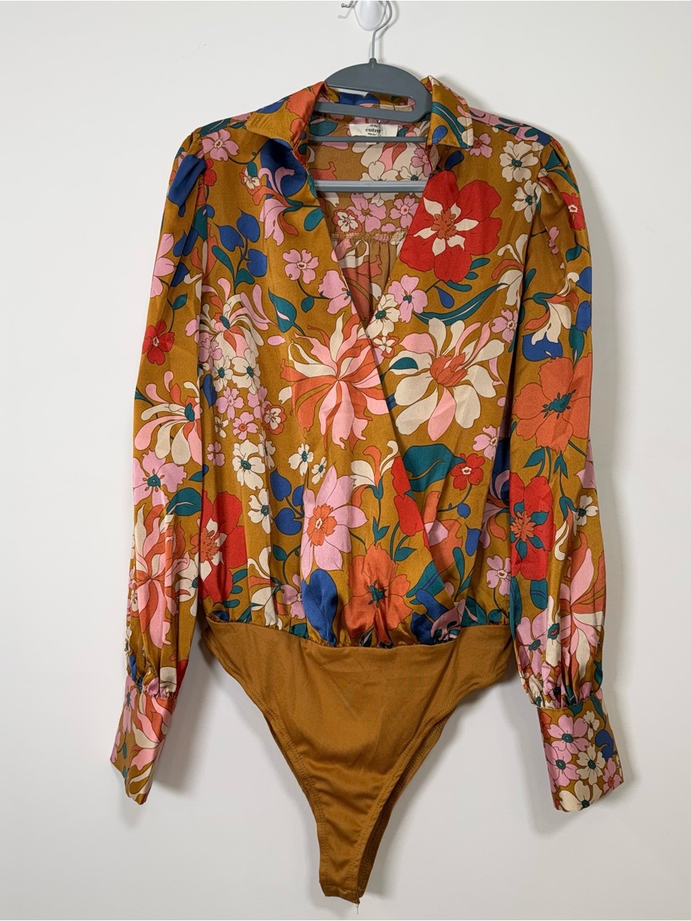 Entro Floral Wrap Bodysuit in Mustard with Pink & Red Flowers